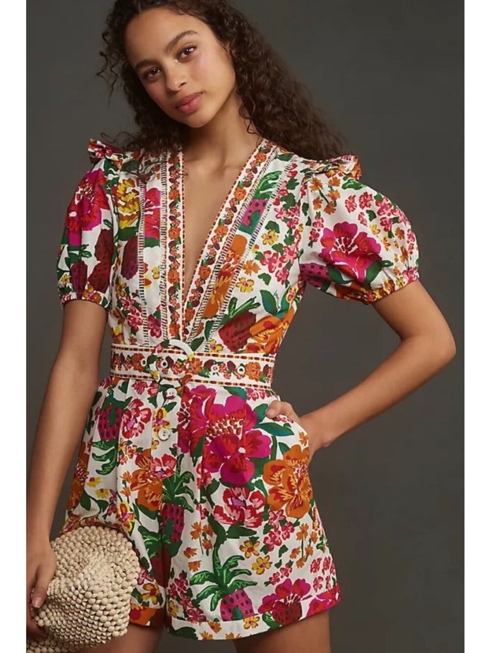 Farm Rio Floral Puff Sleeve Stretch Romper Women M Tropical Travel Resort Boho